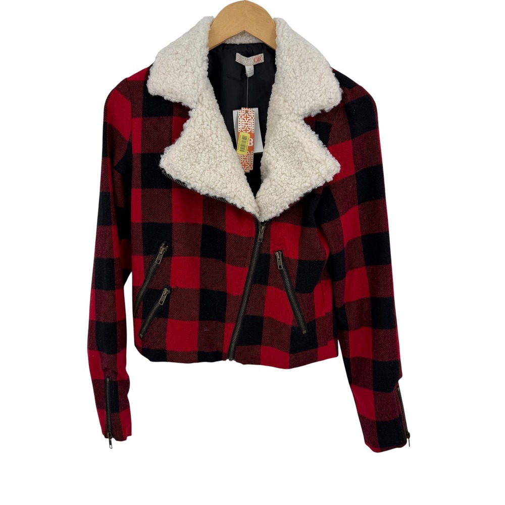 GB Buffalo Plaid Moto Jacket Women Small Red Sherpa Collar Zip Biker Plaid Coat